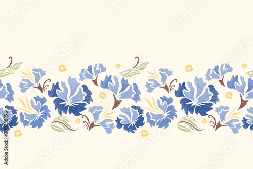 Blue Floral embroidery pattern seamless paisley border with magnolia flower motifs background border oriental batik style. Ikat pattern seamless vector illustration design .