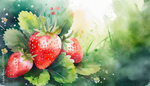 Fresh red strawberry fruit in a garden, copy space on a side, watercolor art style © Giuseppe Cammino