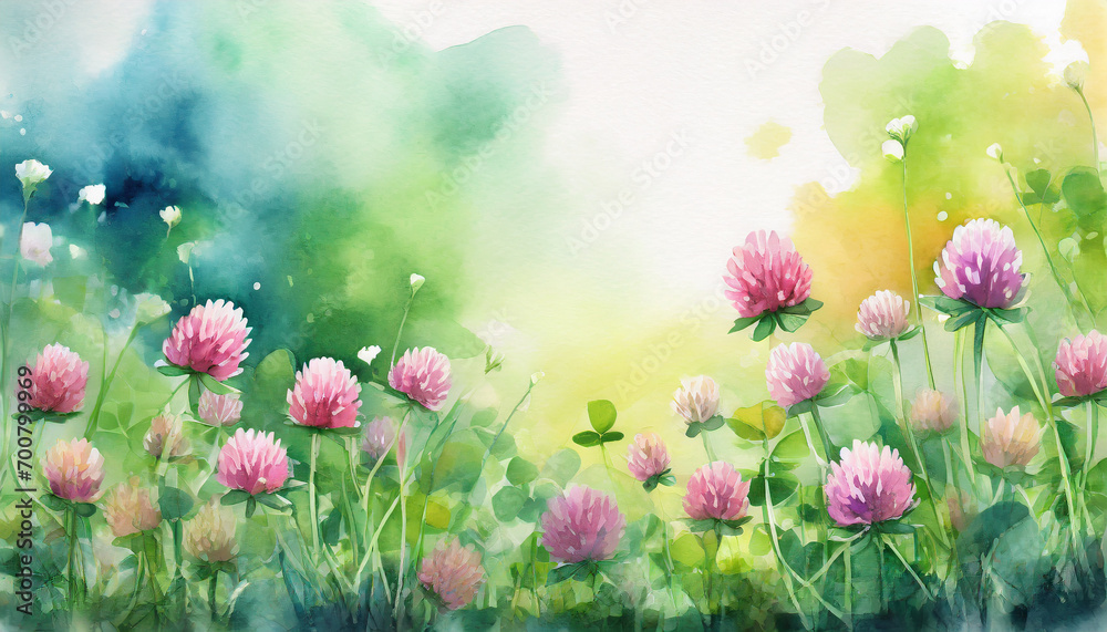Obraz premium Flowering clover in meadow in a garden, copy space on a side, watercolor art style