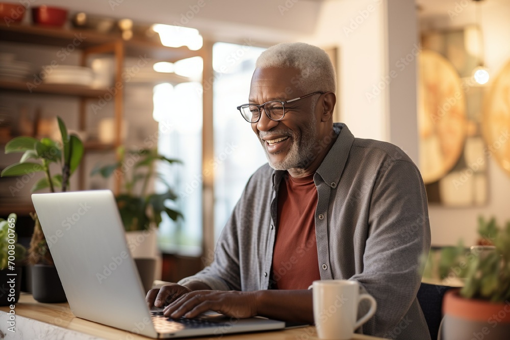 Happy african american elderly man using laptop at home, smiling black man looking at laptop browsing internet. - obrazy, fototapety, plakaty 