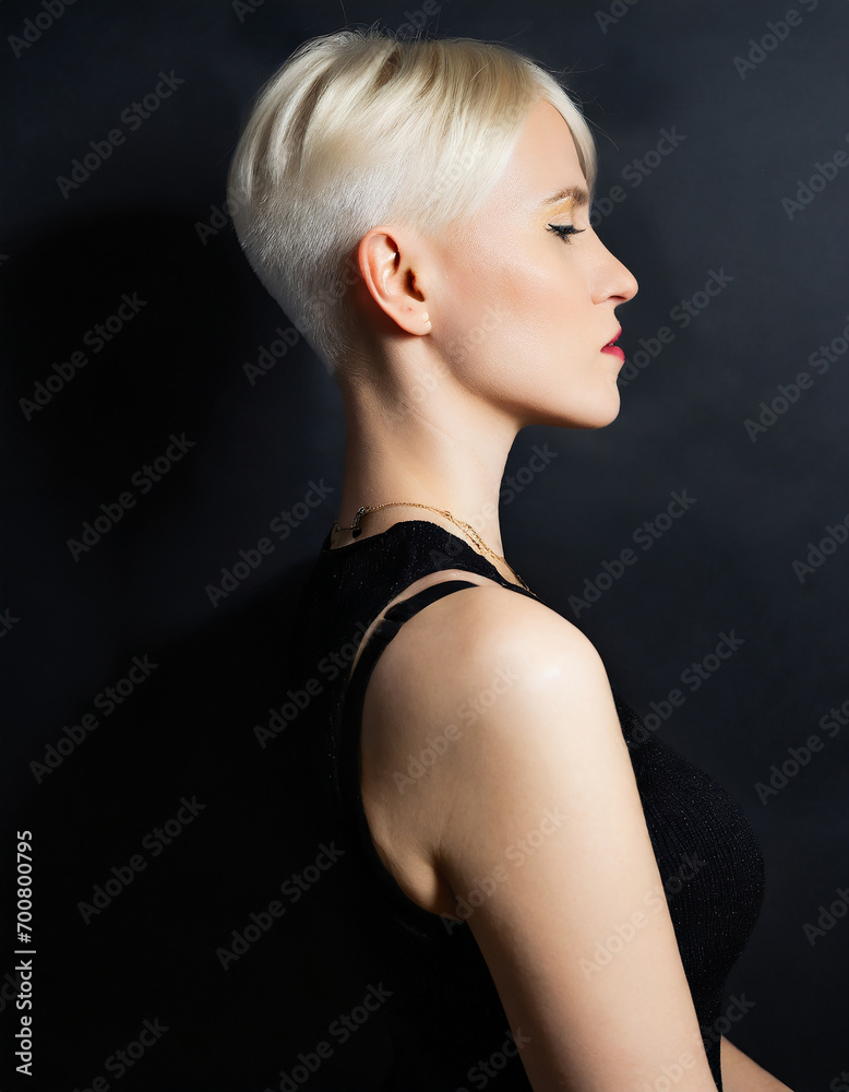 Fototapeta premium woman in blonde, short hair on dark background