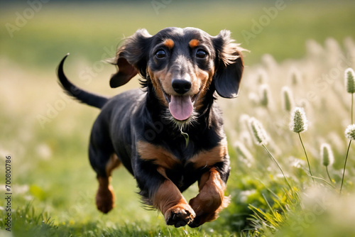 Dachshund running in a meadow photo