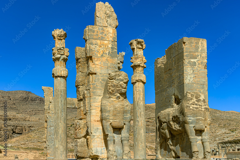Iran. Persepolis, an ancient capital of the Achaemenid Empire (UNESCO World Heritage site). Gate of All Nations (Gate of Xerxes) - the western entrance guarded by a pair of huge bulls
