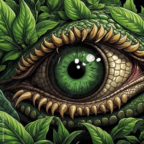 A close up on a reptilian eye facing the camera. Fantasy horror digital art diabolical hellish. Generative AI photo