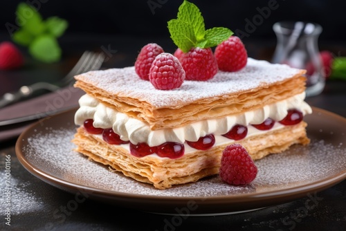 Traditional French mille-feuille with layers of puff pastry and cream  dusted with powdered sugar and garnished with raspberries.