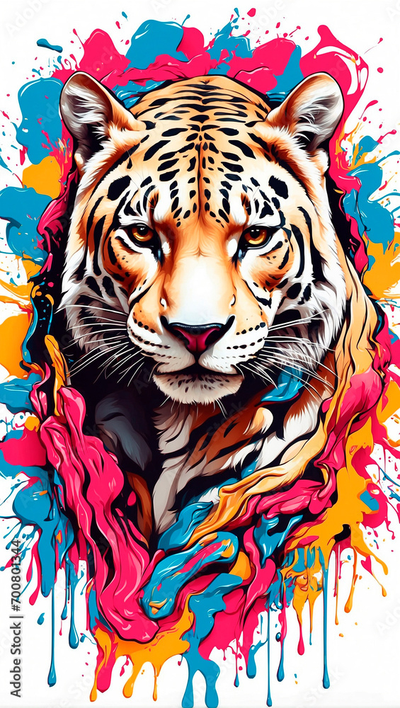 leopard on the background of colored spots of paint. White background. Print for T-shirts