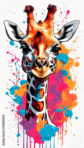 giraffe on the background of colored spots of paint. White background. Print for T-shirts