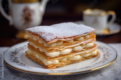 Layered mille-feuille with raspberries and cream, served on a white plate with a gold trim.