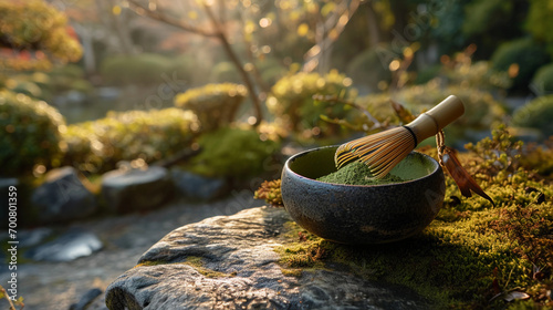 Matcha tea ceremony, bamboo whisk, stone bowl, powdered green tea