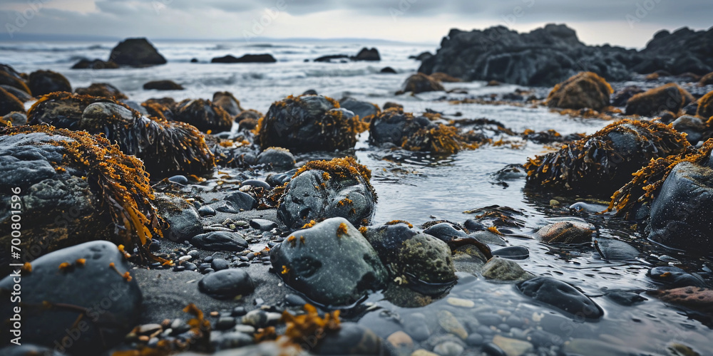 Rocky beach during low tide, tide pools filled with marine life Rocky beach during low tide, tide pools filled with marine life