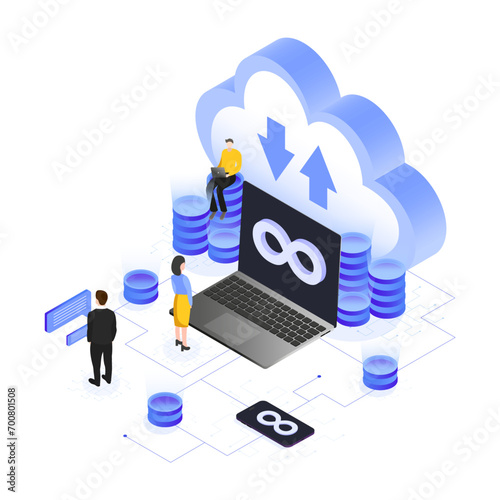 Illustration of cloud DevOps, a group of people working on a project