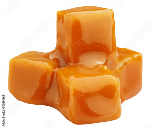 Fotografie Caramel candy with sauce, isolated on white background, full depth of field