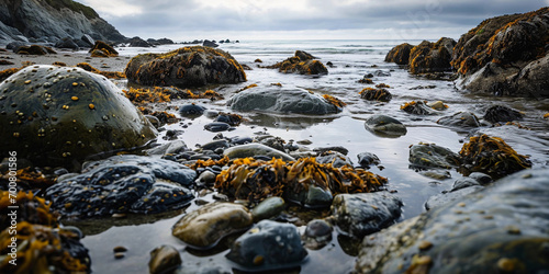 Rocky beach during low tide, tide pools filled with marine life