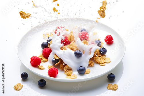 Bowl with corn flakes, berries and splash and drops of milk around.