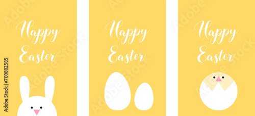 Easter geometrical holiday covers, posters, banners, greeting card. Flat vector illustration with yellow background. Rabbit, eggs, chicken