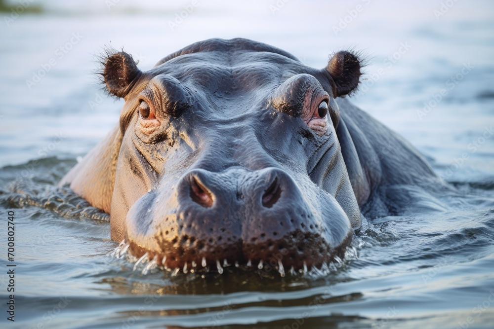 Fototapeta premium Hippopotamus swimming in river with animal dung on its head