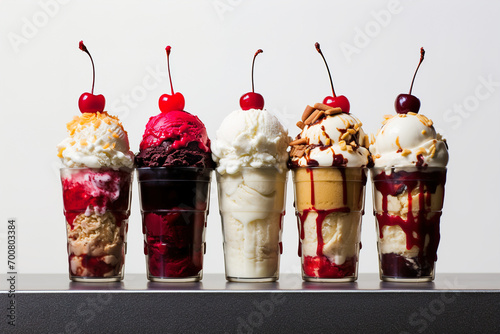 A variety of ice cream in glasses with topping and cherries.