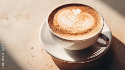 a warm, inviting cup of cappuccino with a beautifully crafted foam art heart on top, the creamy texture contrasting with the rich coffee color, all set against a sunlit, speckled background.