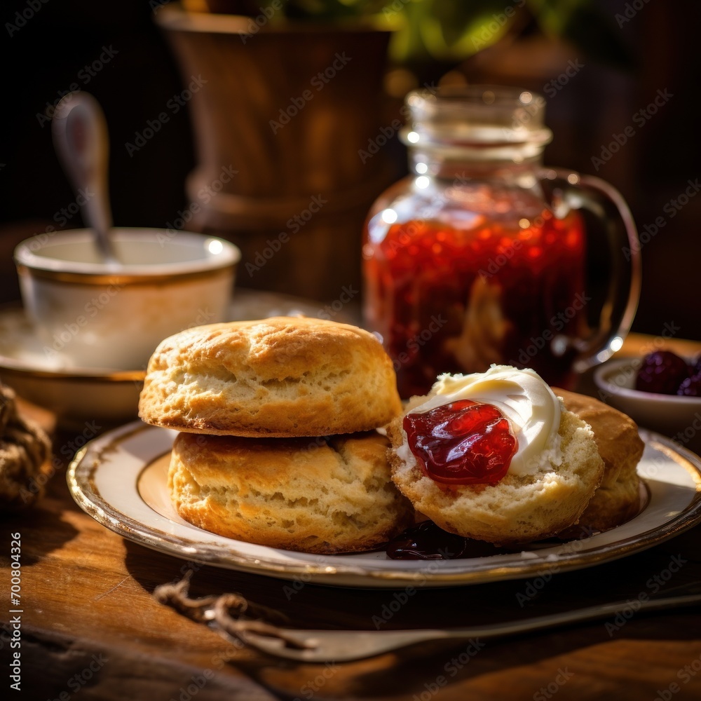 A cozy and inviting image showcasing freshly baked scones accompanied by a pot of jam and a dollop of cream, set on a rustic table setting with a vintage feel. A cozy and inviting image showcasing freshly baked scones accompanied by a pot of jam and a dollop of cream, set on a rustic table setting with a vintage feel.