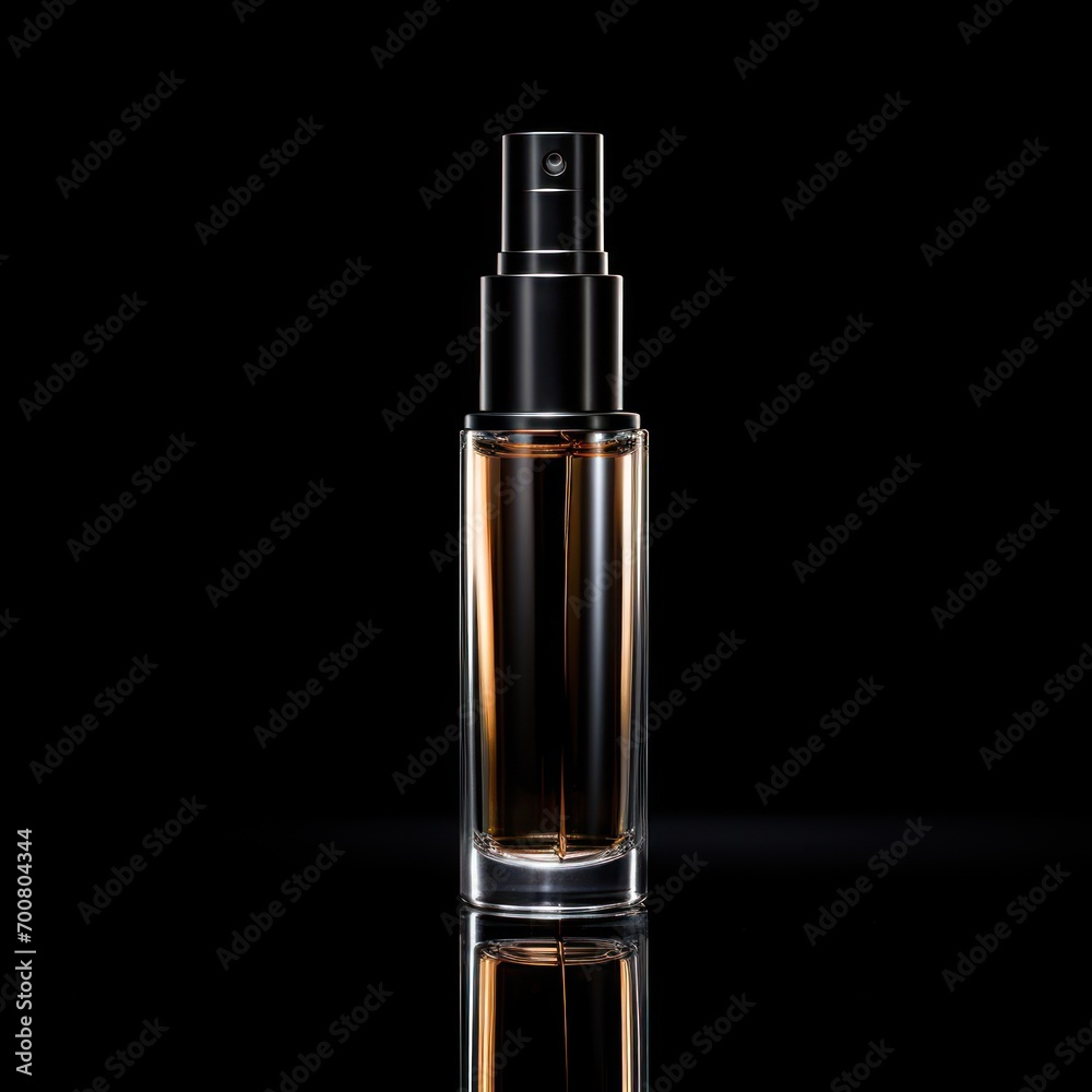 an elegant bottle of hair serum with a black spray nozzle, highlighted against a glossy reflective surface and a dark background, emphasizing its sleek design.