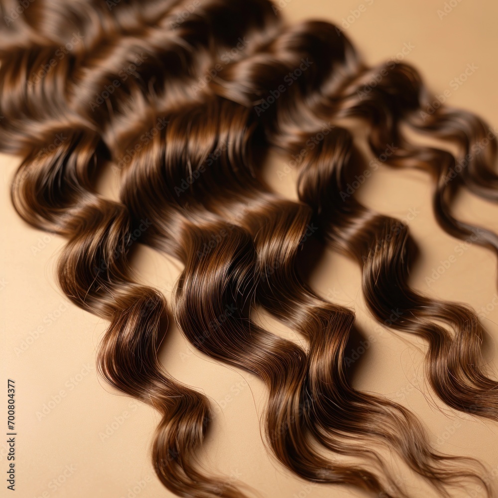 Naklejka premium Luxurious wavy brown hair extensions spread out on a light brown background.