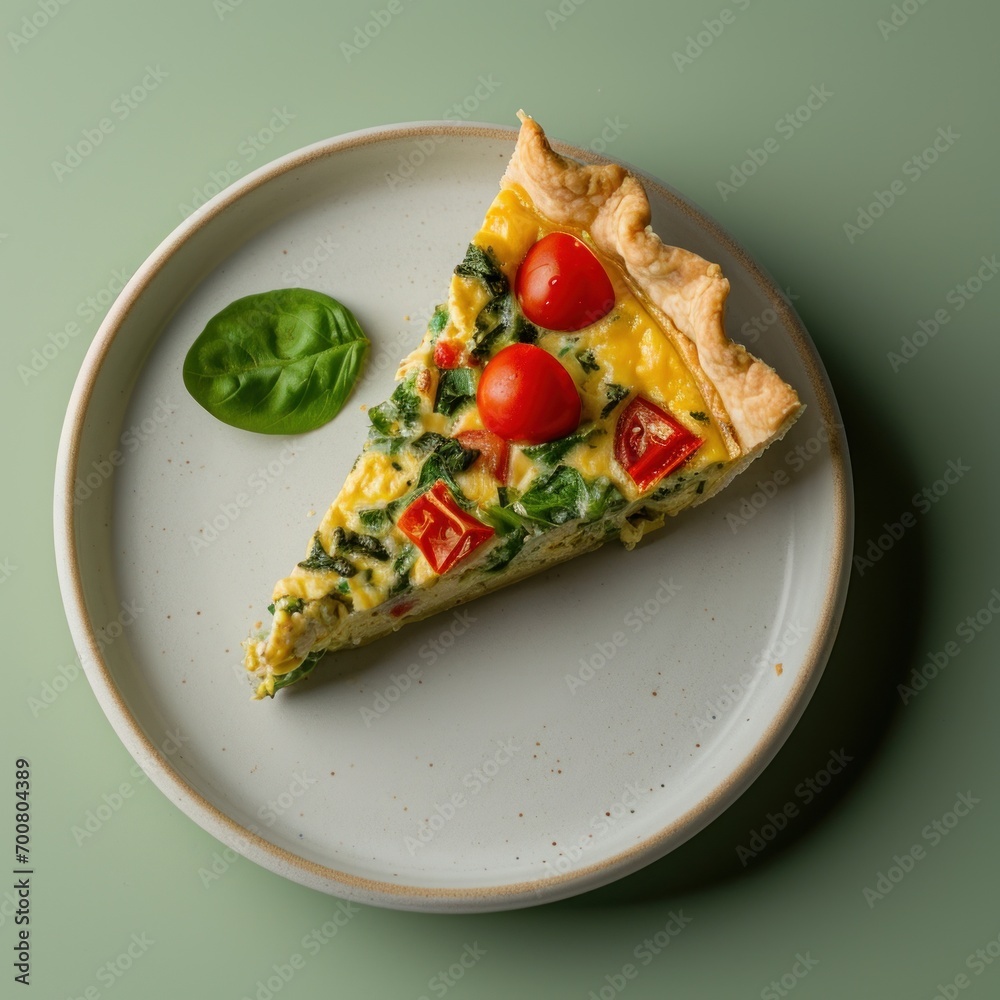 slice of quiche with spinach, cherry tomatoes, and cheese on a minimalist plate with a basil leaf, set against a soft green background. 