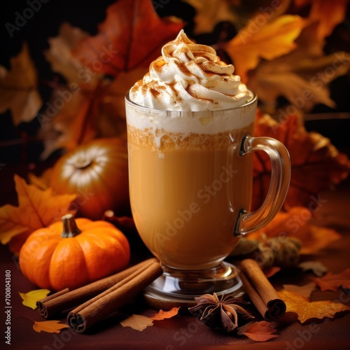 A pumpkin spice latte with whipped cream and cinnamon, surrounded by autumn leaves and pumpkins on a dark background.