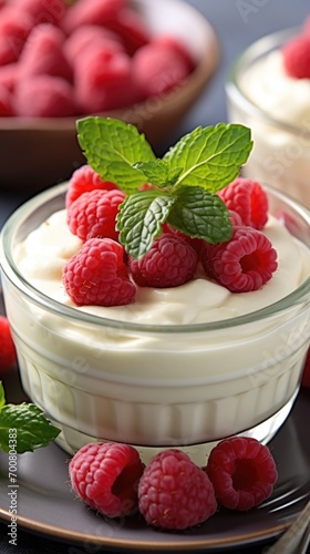 A bowl of yogurt topped with raspberries and mint leaves. Valentine's day desserts.