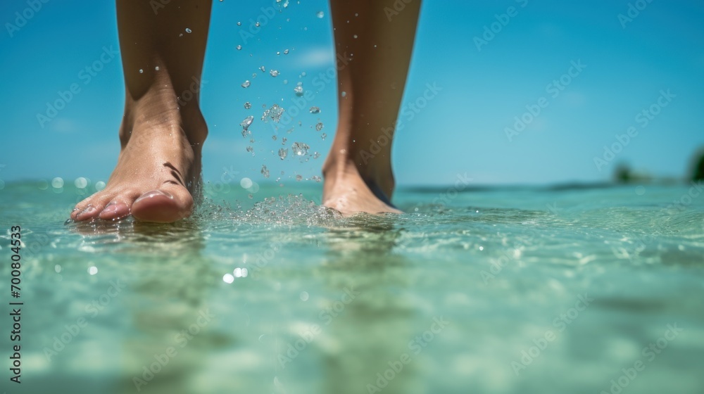 a close-up of a person's feet splashing in clear, shallow water, with a focus on the water droplets and ripples around the toes.