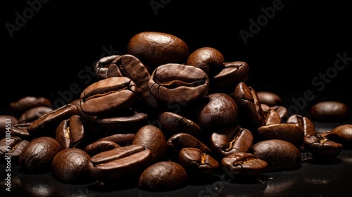 A close-up of glossy coffee beans piled upon each other  showcasing their texture and shine against a dark background.