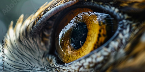 Eagle's eye close-up, capturing the intricate patterns in the iris and reflecting an expansive landscape