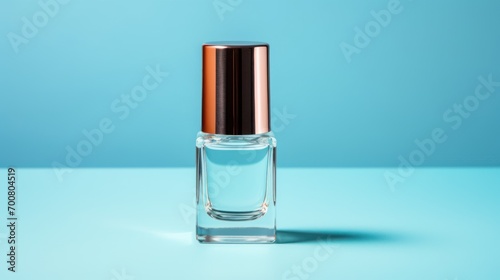  an elegant nail polish bottle with a rose gold cap  placed against a uniform sky-blue background  highlighting its clear glass and the liquid inside.