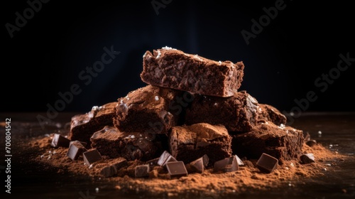 A small pile of freshly baked brownies dusted with cocoa powder, with pieces of chocolate scattered around, evoking a sense of homemade delight.