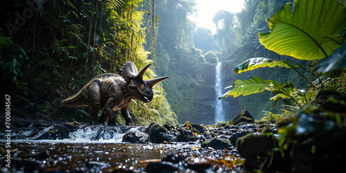 Herbivorous Triceratops, grazing near a waterfall, rainforest environment, sparkling water droplets