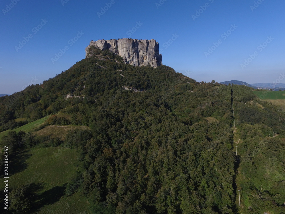 Aerial view Bismantova stone, a famous climbing gym in the mountains of Reggio Emilia, Italy