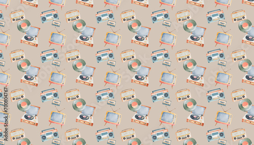 hand drawn vintage pop watercolor, vinyl record / radio / cassette / music motif seamless pattern for valentine's day, vector graphic resources, 16:9 widescreen wallpaper / backdrop,