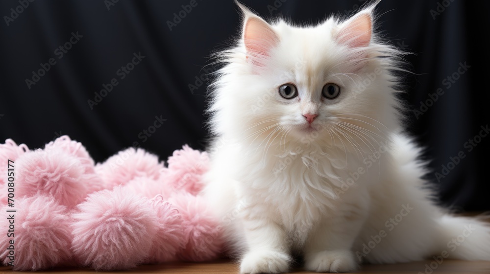 A white cat sitting next to a pink stuffed animal.