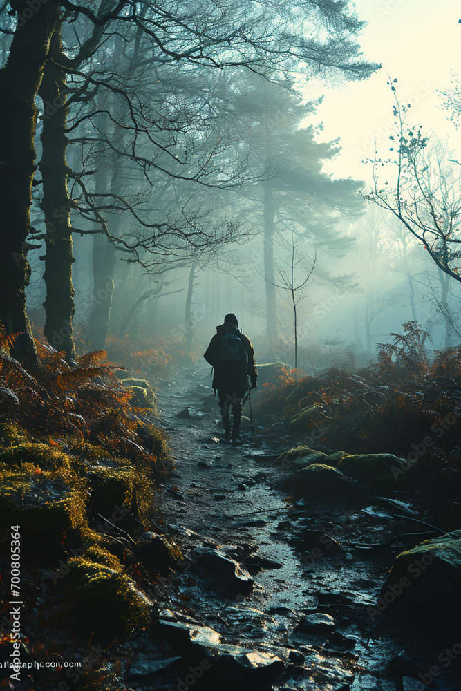 lone figure walking down a misty forest path, hinting at an adventure or a journey