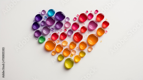 Heart shape made of colorful water drops. Rainbow colours heart. Flat lay. Top view, copy space, banner format.