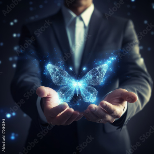 Global Business Transformation: A businessman with a blue digital butterfly effect, lit by glowing light, symbolizes connectivity, virtual reality, and digital revolution.