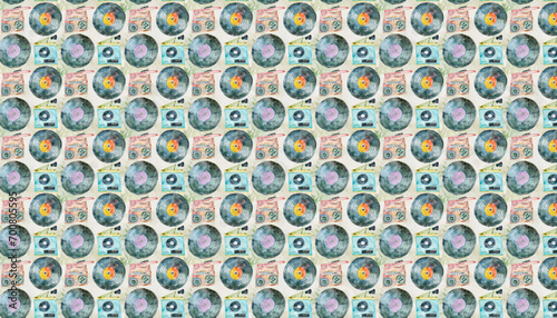 hand drawn vintage pop watercolor, vinyl record / music motif seamless pattern for valentine's day, vector graphic resources, 16:9 widescreen wallpaper / backdrop,