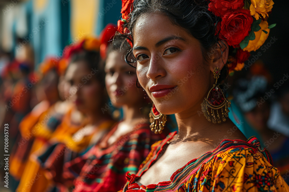 Portrait of woman in traditional colourful clothes on Central America and Mexican cultural festival