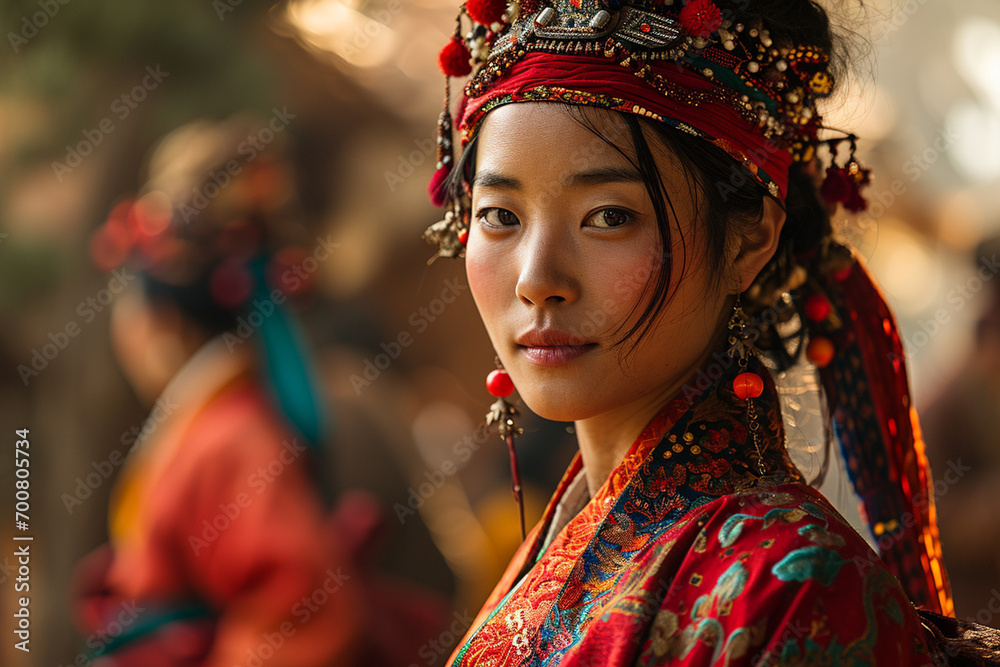 Portrait of woman in traditional colourful clothes on Asian, China cultural festival