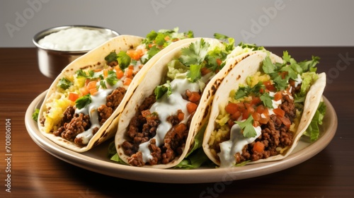 Three tacos on a plate on a table.