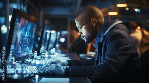 A man sitting in front of a computer monitor. African scientist, graduate student, working in research lab, laboratory tech photo