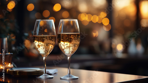 Two Glasses of Champagne on an Elegant Table with a Blurred Gold Color Bokeh Background, Perfect for New Year's or Christmas Celebration Day