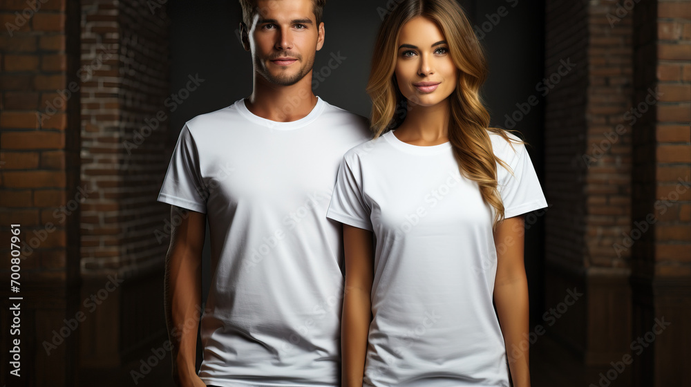 Blank White T-Shirt Mockup: Young Girl and Man in Couple Pose for Design Blank White T-Shirt Mockup: Young Girl and Man in Couple Pose for Design