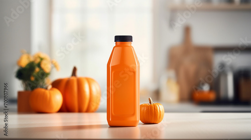 Tasty pumpkin juice in glass bottle and pumpkins on white wooden table.  photo