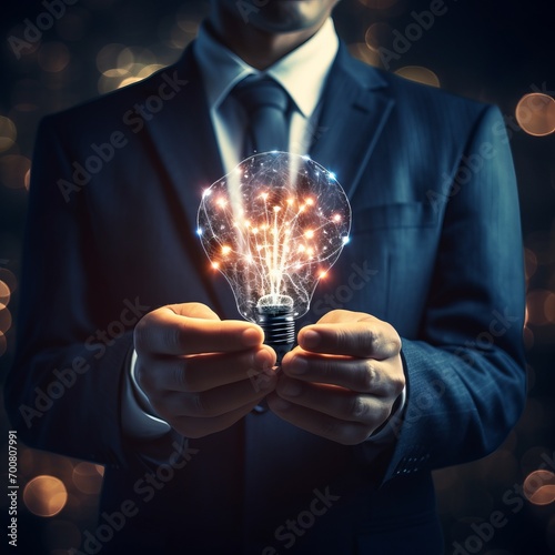 Spark of Brilliance: A businessman with a glowing blue lightbulb inspires innovation. Harness creativity and connect networks for radiant success.
