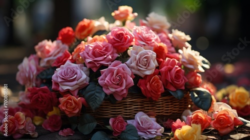 Vibrant Multicolor Rose Bouquet  A Captivating Basket of Blooms Amidst a Lush Garden Backdrop